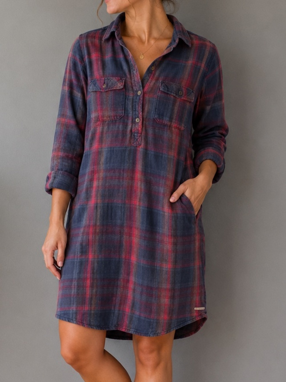 Eddie Bauer Plaid Flannel Shirt Dress Women’s Size 4 Blue Red 100% Cotton